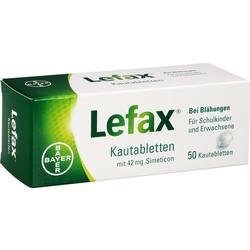 Grüne und weiße Packung von Lefax mit 50 Kautabletten gegen Blähungen.