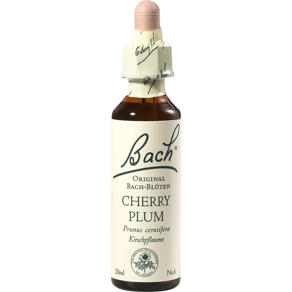 Braune Flasche mit einem Etikett für Bach-Blüten Kirschpflaume.